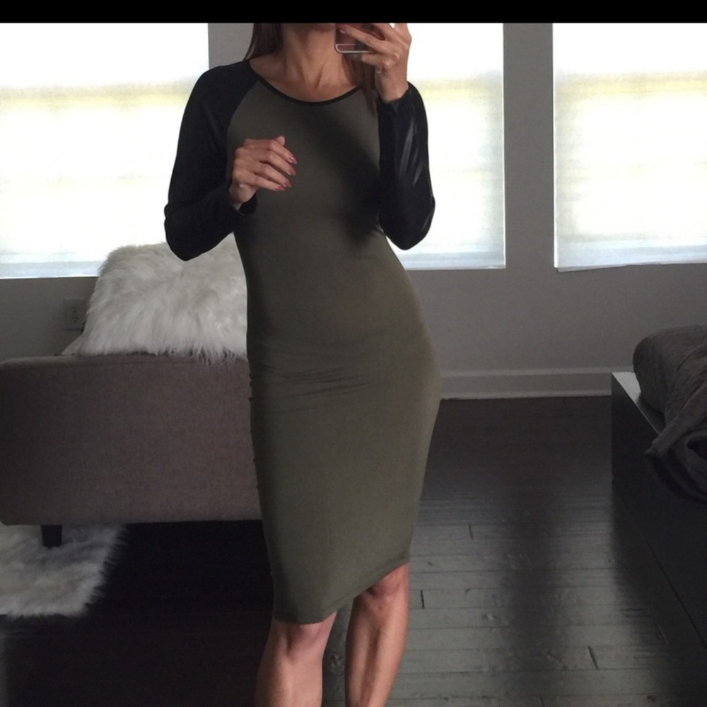 🌿 Green Bodycon Dress with Black Leather Sleeves
